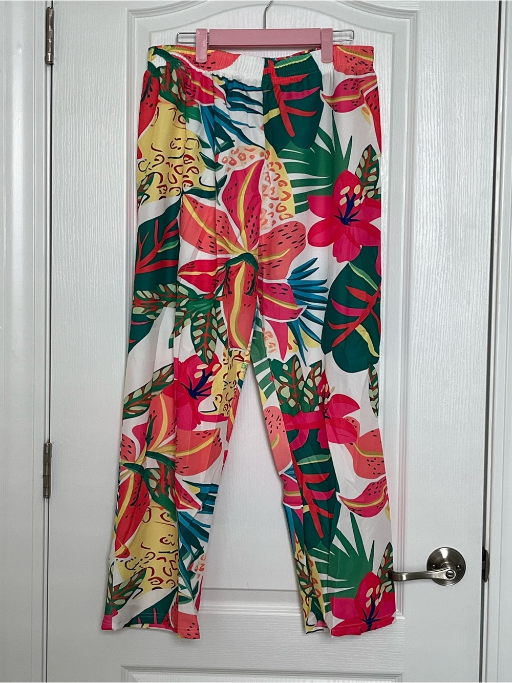 Ladies’ Tropical Floral Print Pants - Pink & Green, White, Yellow, Blue - NEW